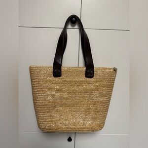 Elegant Vincelli Tan Straw Tote Bag with Brown Straps